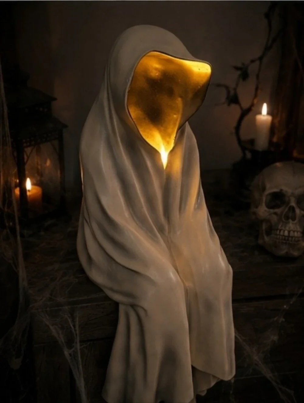 Hallows Eve White Grim Reaper Ghost Sitting Halloween Decor Light Up Viral New